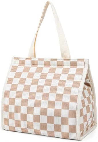 Insulated Lunch Bag for Work, 10.2"x5.9"x10.2" Oxford Waterproof Lunch Tote, Thermal Lunch Box for Office, Picnic & Outdoor, Striped Canvas Tote Bag -Check Brown