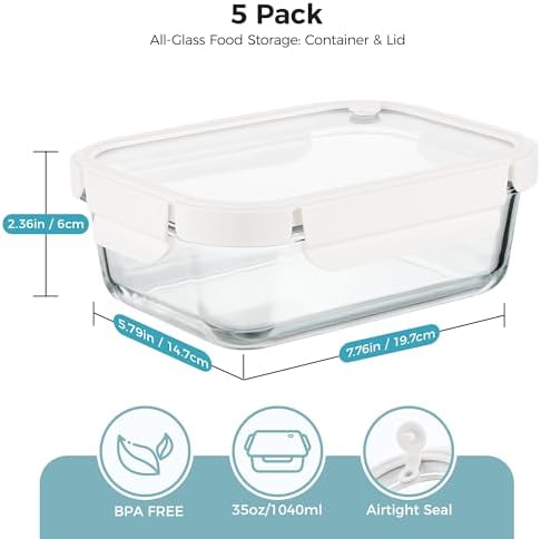 Vtopmart 5 Pack Glass Food Storage Containers with Glass Lids & Air Vent