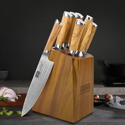 HOSHANHO Damascus Knife Block Set 7PCS, Sharp Kitchen Knives with Sharpener