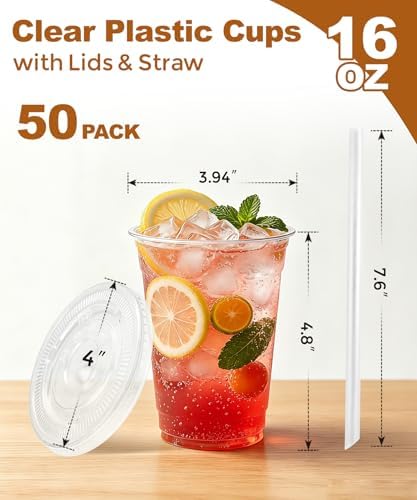 Ginkgo 50 Pack 16 oz Clear Plastic Cups with Lids and Straws