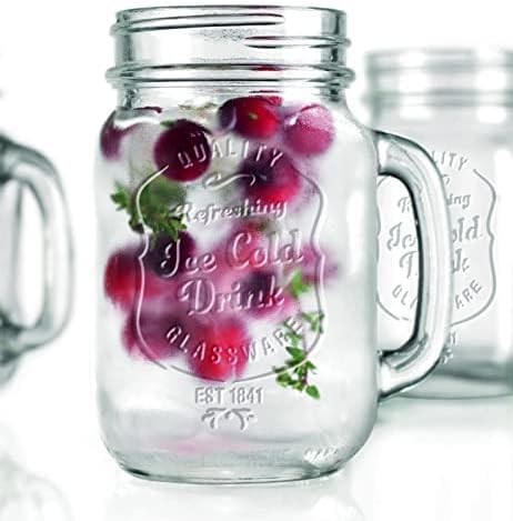 Glaver's Set of 10 Ice Cold 16 Oz. Mason Drinking Glasses With Handles. Quality Refreshing Ice Cold Embossed Logo Jars for Beverages, Cocktails, Shakes, Smoothies, Sodas, Juice.