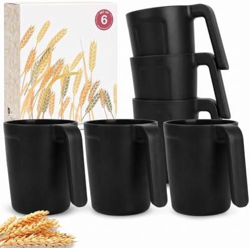 Wrova 16oz Wheat Straw Cups with handles set of 6-Plastic Cups Reusable-Unbreakable Kids Mugs-Dishwasher Safe & Microwave Safe-Ideal Plastic Mugs for Tea,Coffee,Camping,RV-Black