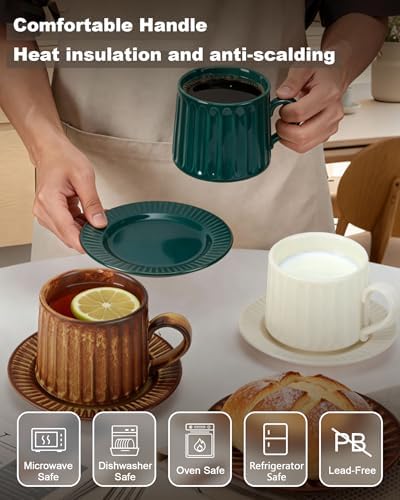 Ceramic Cup and Saucer Set,11.5 oz Coffee Cups with Saucers Modern Porcelain Espresso & Tea Cup Set,Dishwasher & Microwave Safe,for Home & Entertaining (Dark Green)