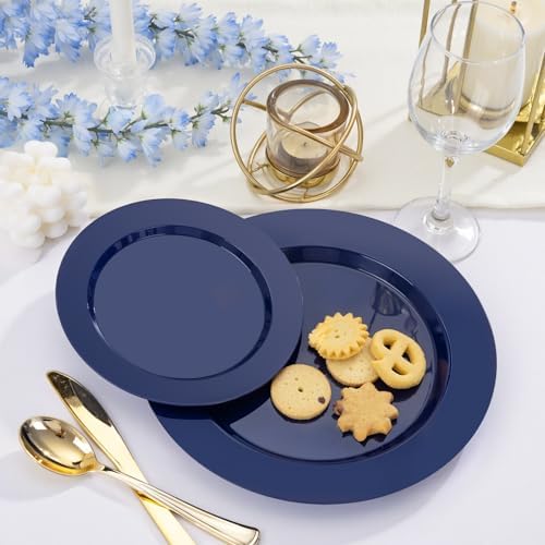 FLOWERCAT 200PCS Navy Blue Plastic Plates Disposable Plates for Party - Heavy Duty Plastic Plates - 10" &7" Plate for 100 Guests Hanukkah Parties and New Year Events