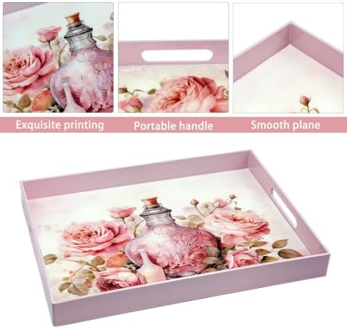 Serving Tray with Handles, 15.7 * 11.8 inches, Plastic Ottoman Tray with Exquisite Paintings, Trays for Coffee Table