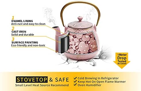 TOPTIER Japanese Cast Iron Teapot with Infuser, Stovetop Safe, Leaf Design Tea Kettle, Enameled Interior, 32 Ounce (950 ml), Blush Pink