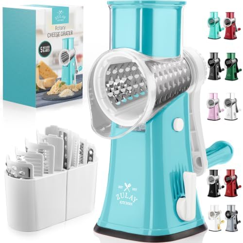 Rotary Cheese Grater Manual Hand Crank 5 Blade Shredder, White & Light Blue
