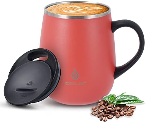 Ideus 16 oz Insulated Coffee Mug with Handle and Lid (Jellyfish Red)