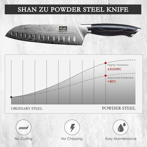 SHAN ZU Kitchen Knife, Santoku Knife 20cm Professional High Carbon Powder Steel Japanese Knives, Ultra Sharp Kitchen Utility Knives with Ergonomic Pakka Wooden Handle