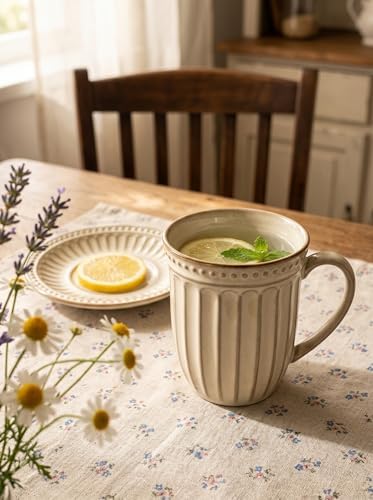 HASENSE Textured Coffee Mugs Set of 4, 16 Oz Ribbed Ceramic Cups with Large Handle for Latte Tea Cappuccino, Stackable Embossed Mugs for Everyday Use, Microwave & Dishwasher Safe, Creamy Beige