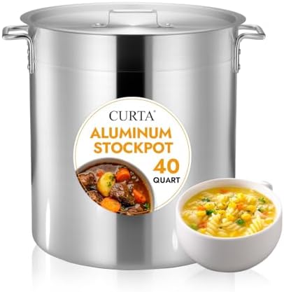CURTA 40 Quarts Aluminum Stock Pot with Lid, Heavy Duty Commercial Grade Large Capacity Cooking Pot for Boiling, Stewing, Great for Kitchen, Restaurant, Catering, and Home Use, NSF Certified