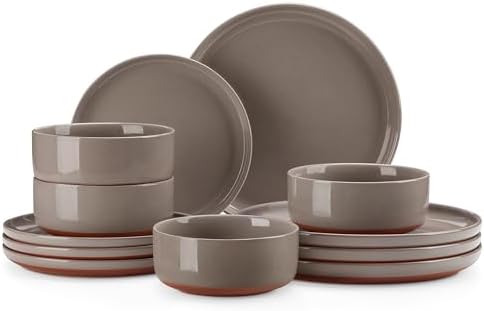 MALACASA Plates and Bowls Sets, 12 Pieces Modern Stoneware Dinnerware Set for 4 Kitchen Dinner Set Ceramic Dishware Dishes Set Microwave and Dishwasher Safe, Brown, Series TARA