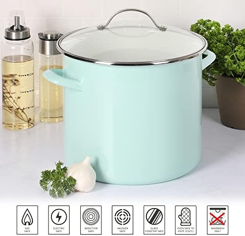 Martha Stewart Thayer 12-Quart Enamel on Steel Scratch-Resistant Stock Pot with Lid – Martha Blue – Durable Large Capacity Pot for Soups, Stews & Boiling