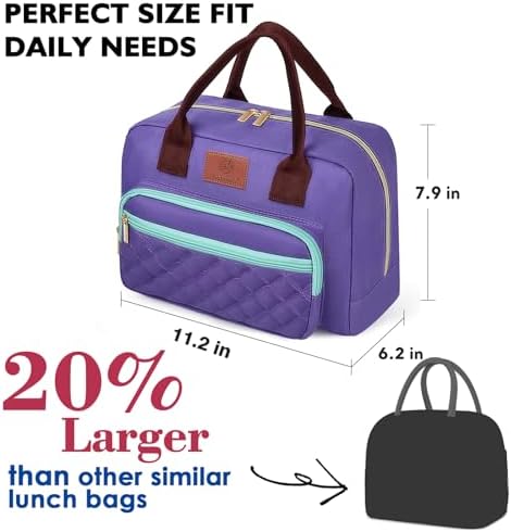 Insulated Lunch box for Women,Leakproof Quilted Thermal Lunch Bag, 14L Large Capacity Lunch Tote Bag Lightweight LunchBox Cooler for Work, School, Picnic or Travel with 2 Front Pocket -Purple