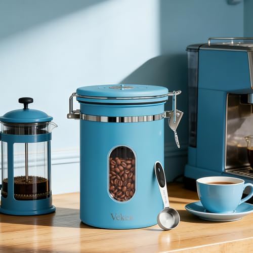 Veken Coffee Canister with Window, Airtight Stainless Steel Container,Date Tracker, Kitchen Food Storage Jars for Beans, Ground, Espresso, Rice,Tea, Sugar, Cereal, Gifts, Scoop, Blue, 22OZ (Pack of 2)