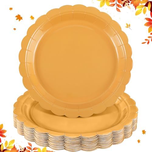 NatNarr 30 Pk Orange Plates 9" Scalloped Fall Thanksgiving Dessert Plates