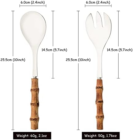 Serving Spoon and Fork Set, 304 Stainless Steel Serving Utensils with Natural Bamboo Handle, 10" Long Handle Serving Set for Kitchen Party Buffet, 4 Pieces / 2 of Each