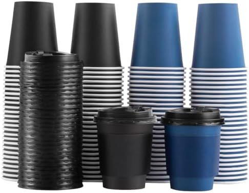 SIUQ 100 Pack 8 oz Disposable Paper Coffee Cups with Lids, Black & Blue