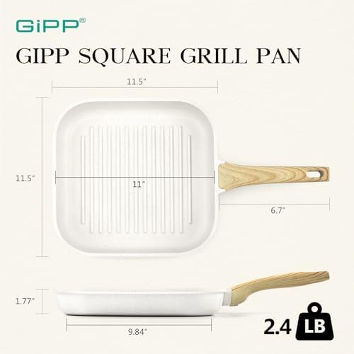 GiPP Nonstick Grill Pan for Stove Tops - 11 Inch Square Grilling Pan for Indoor Cooking & Outdoor Grilling, Non Stick Granite Grill Skillet Steak Pan, PFOA Free, White