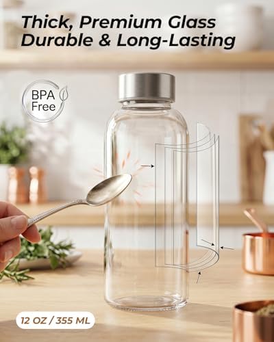 Zukro Glass Water Bottles with Stainless Steel Lids 12 oz, Set of 4