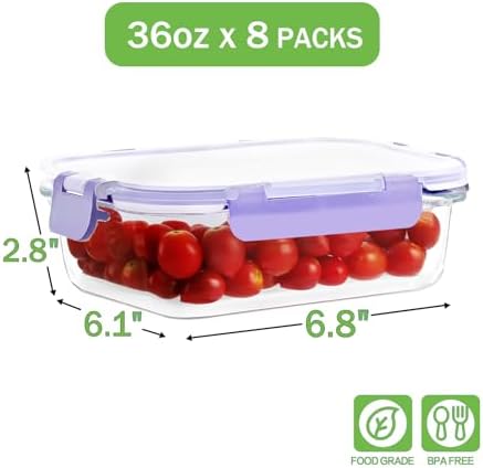 8-Pack 36oz Large Glass Meal Prep Containers with Leak Proof Snap-Lock Lids