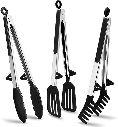 12" Kitchen Tongs for cooking with Silicone Tips, 3Pcs Serving Tongs, Black