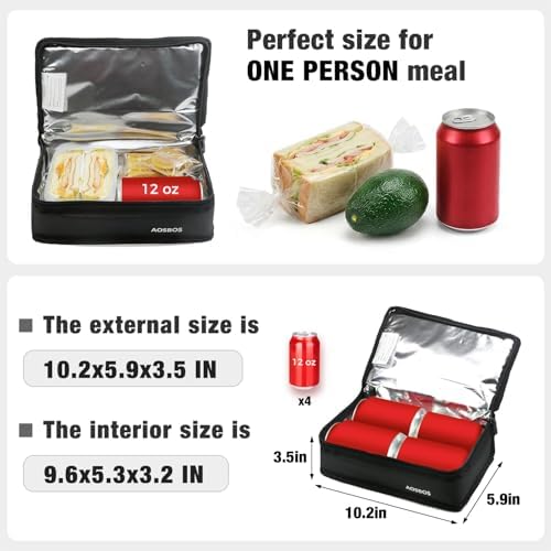 Aosbos Small Insulated Lunch Bag,Compact Black Lunch Box For Work