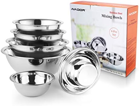 AVADOR Set of 6 Premium Stainless Steel Mixing Bowls Set, Easy To Clean, Space Saving Nestable Design, Great for Cooking, Baking, Prepping (0.75qt, 1.5qt, 3qt, 4qt, 5qt, 8qt)