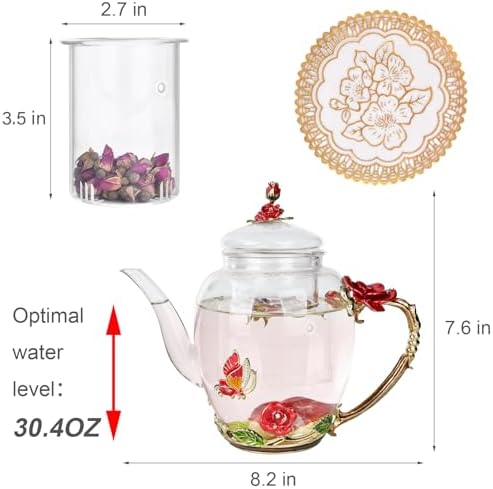 OEAGO Enamel Glass Flower Tea Pot 30.4OZ Birthday Gifts for Women Mom