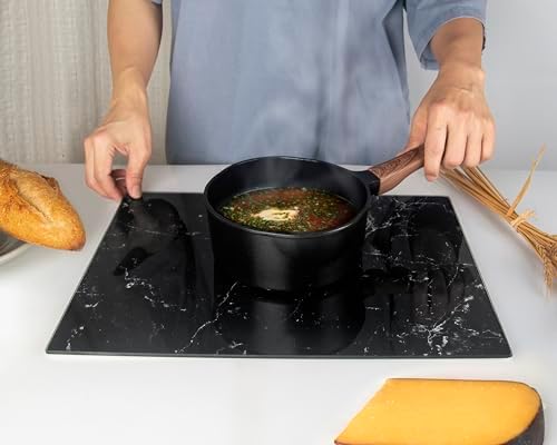 Kitchenville Glass Cutting Board 16"x12": Tempered Glass Kitchen Counter Protector - Durable- Scratch-Resistant, Heat-Proof - Design 1 - Black Marble Effect