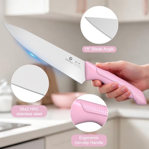 imarku Pink Kitchen Knife Set, 14-Piece Knife Set with Block and Sharpener