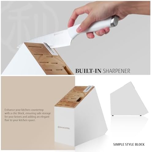 White Knife Set, 13 Pieces Knife Block Set with Built-in Sharpener