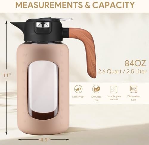 84 oz/2.5 Liter Glass Pitcher with Lid and Handle, Glass Carafe/Jug for Hot/Cold Water, Large Iced Tea Pitcher for Coffee, Juice and Homemade Beverage