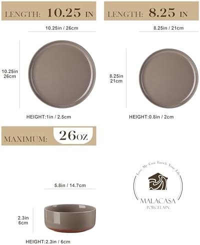 MALACASA Plates and Bowls Sets, 24 Pieces Modern Ceramic Dinnerware Set for 8 Kitchen Dinner Set Stoneware Dishware Dishes Set Microwave and Dishwasher Safe, Brown, Series TARA