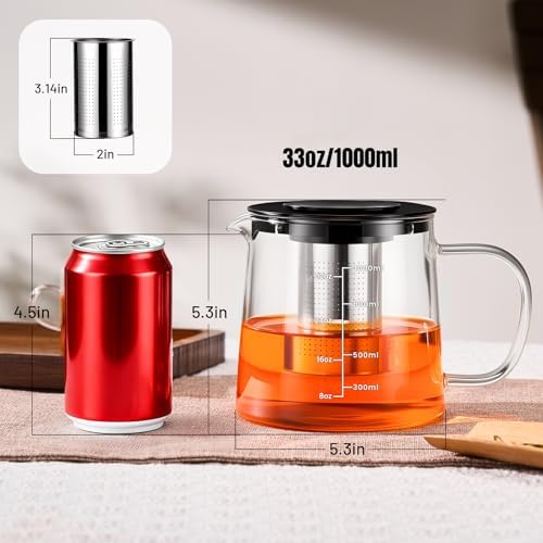PARACITY Tea Pot with Infuser, Clear Stovetop Glass Tea Kettle with Scale