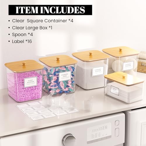 HomePekite Laundry Pods Storage Container, Clear Acrylic Laundry Room Organization and Storage ,Detergent Powder Container,with Wooden Lids & Labels, 4+1 Pack