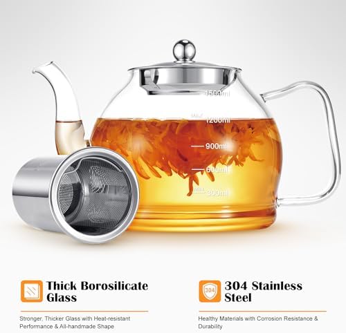 STNTUS Glass Teapot, 52 oz/1500 ml for Loose Tea, Teapot with Infusers for Loose Tea, Stainless Steel Strainer, Tea Pot for Stove