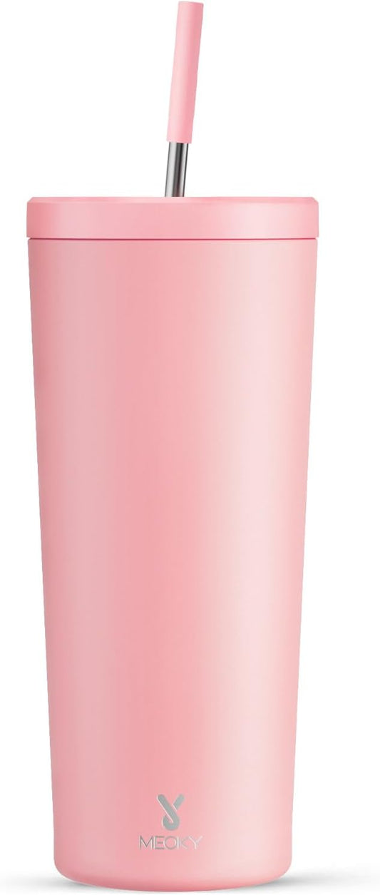 Meoky 24 oz Insulated Tumbler with Lid and Straw, Stainless Steel Vacuum Insulated Tumbler, Keeps Cold for 24 Hours, 100% Leak Proof, Fits in Car Cup Holder (Blush)