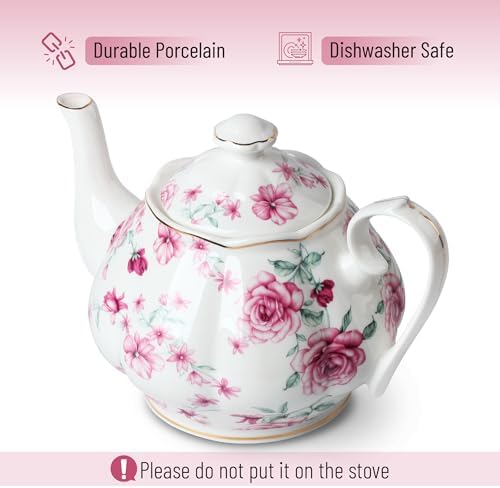 BTaT- Tea Pot, Teapot, Porcelain Teapot, 38 oz, Floral Teapot, Bone China Teapot for Tea Set, Ceramic Tea Kettle, Tea Pots for Tea Cup, Tea Pot Ceramic, Tea Pots for Loose Tea