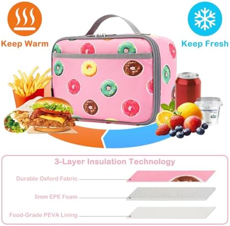 FlowFly Kids Lunch box Insulated Soft Bag Mini Cooler Back to School Thermal Meal Tote Kit for Girls, Boys, Doughnut