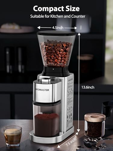 Aromaster Conical Coffee Bean Grinder, 48 Settings, Anti-Static, Sliver