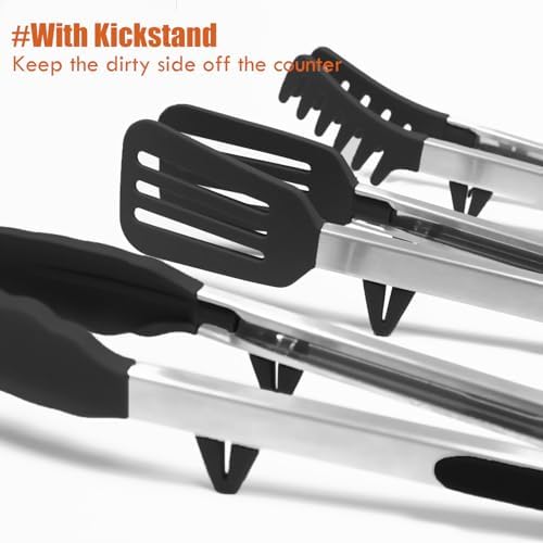 12" Kitchen Tongs for cooking with Silicone Tips, 3Pcs Serving Tongs, Black