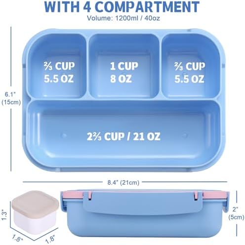 shell and turtle Bento Box Adult Lunch Box, Lunch Containers for Kids Girls Boys with 4 Compartments, Lunchable Food Container with Utensils, Sauce Jar, Muffin Liners, 40 Oz/5 Cup, Blue Pink