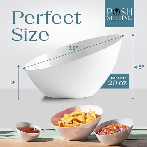 Posh Setting - White Plastic Serving Bowls for Party Angled Bowls Disposable Chip Bowls Candy Bowls for Party Table Salad and Fruit Bowls for Wedding Serving Bowls-White, 20 OZ, 10 Pack