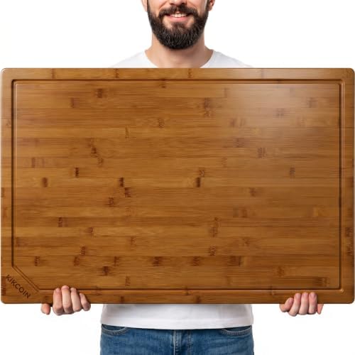 Kikcoin 36”×24” Deep-Carbonized Bamboo Cutting Boards for Kitchen, Heavy Duty Wooden Cutting Boards, Healthy Extra Large Chopping Boards with Deep Juice Groove and Handle, Oversized Stove Top Cover
