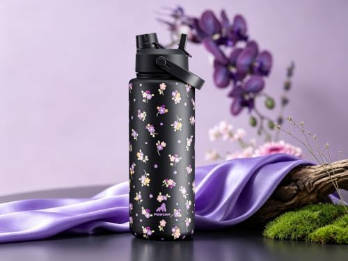 POWCAN 40 oz Insulated Water Bottle with 2-in-1 Straw and Spout Lid, Keep Cold 24H, Leak-Proof, BPA-Free, Double Wall Stainless Steel Water Bottle for Sports, Gym, Trip, School (Wildflower After Dark)