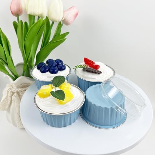 100Pcs Aluminum Cups with Lids,5oz Disposable Ramekin Baking Cups Muffin Liners Mini Pie Pans Foil Cupcake Containers for Christmas Party Wedding Party,Sky Blue