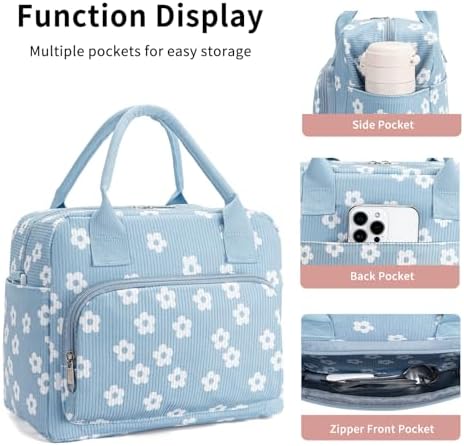 Lunch Bag Women Lunch Box for Women Adult Cute Insulated Lunch Bag Lager Cooler Lunch Tote Bags for Work Picnic (Blue-Flower)