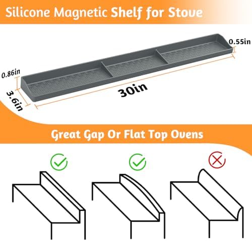 Magnetic Stove Shelf for Back of Stove, 30 Inch Silicone Stove Top Spice Rack for Kitchen Organization, Heat Resistant Over the Stove Shelf with 6 Powerful Magnets, Fits Flat & Curved Stoves- Grey
