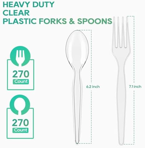 FOCUSLINE 540 Count Heavy Duty Clear Plastic Forks and Spoons Set